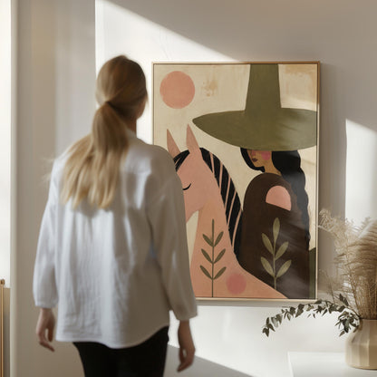 Pink horse beside a cowgirl in an olive hat with leaf motifs, canvas wall art presented in a light, minimal room