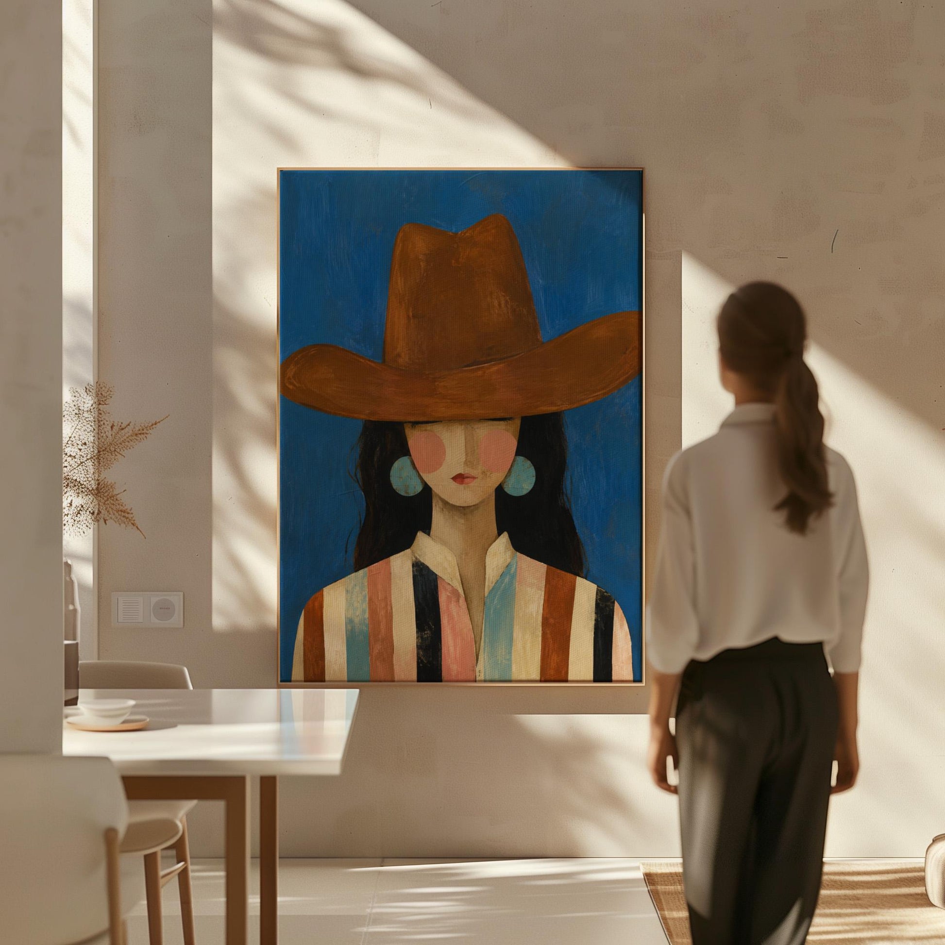 Cowgirl in a brown hat and turquoise earrings on cobalt blue, canvas print seen in a warm interior with natural light