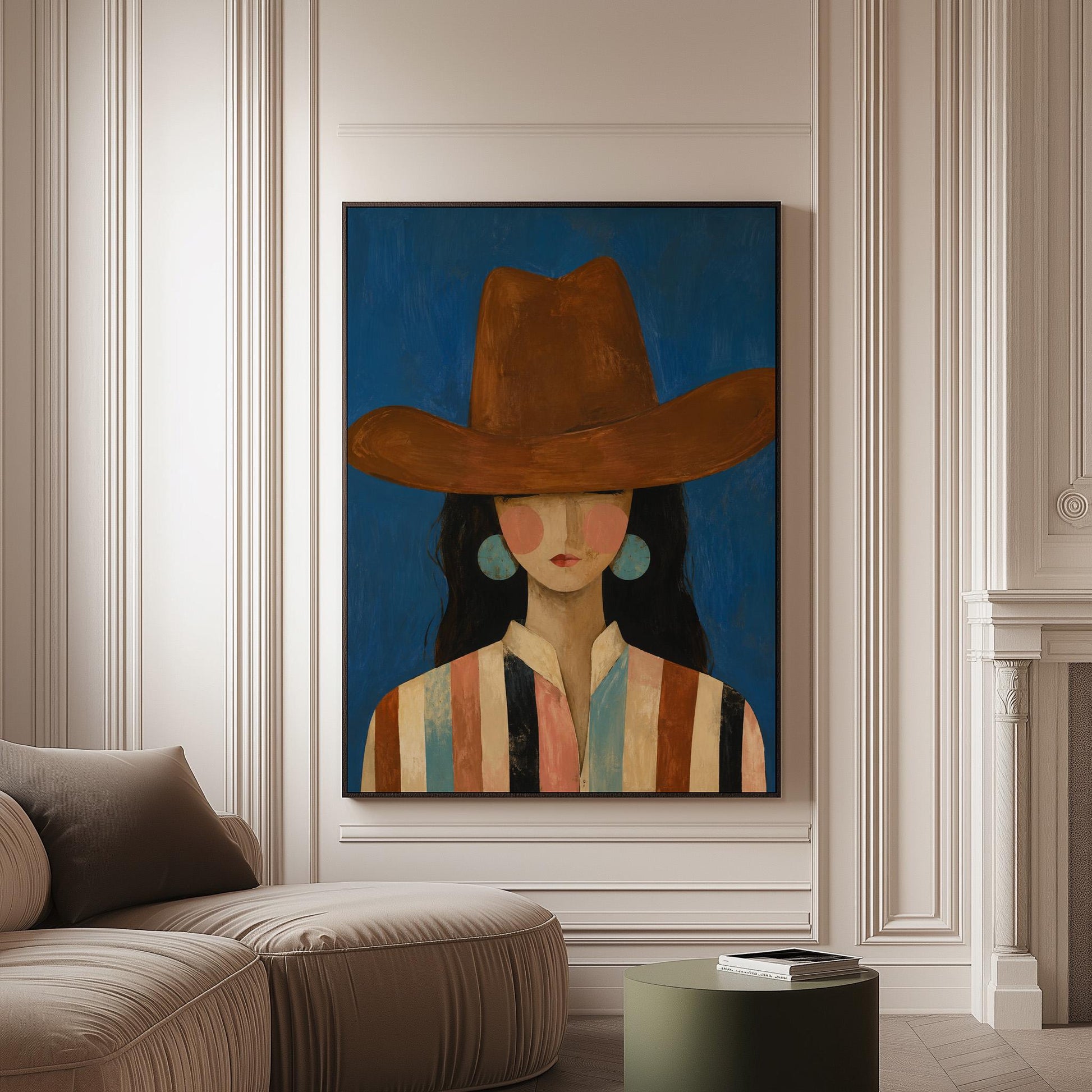 Cowgirl in a brown hat and turquoise earrings on cobalt blue, canvas print on a softly lit wall in a calm interior