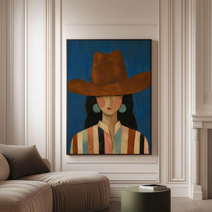 Cowgirl in a brown hat and turquoise earrings on cobalt blue, canvas print on a softly lit wall in a calm interior