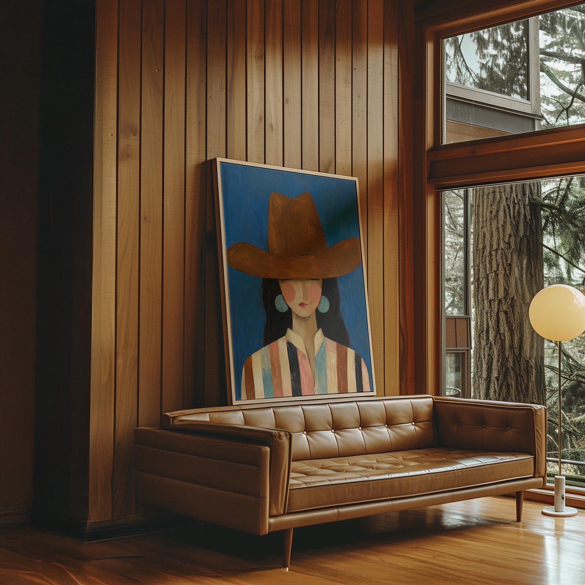 Cowgirl in a brown hat and turquoise earrings on cobalt blue, canvas wall art styled against a soft white wall