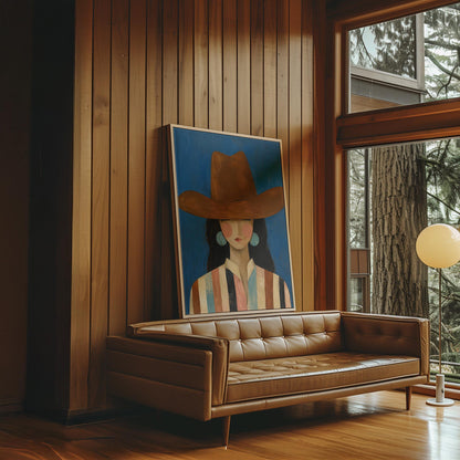 Cowgirl in a brown hat and turquoise earrings on cobalt blue, canvas wall art styled against a soft white wall