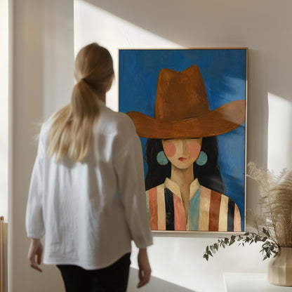 Cowgirl in a brown hat and turquoise earrings on cobalt blue, canvas wall art seen in a warm interior with natural light