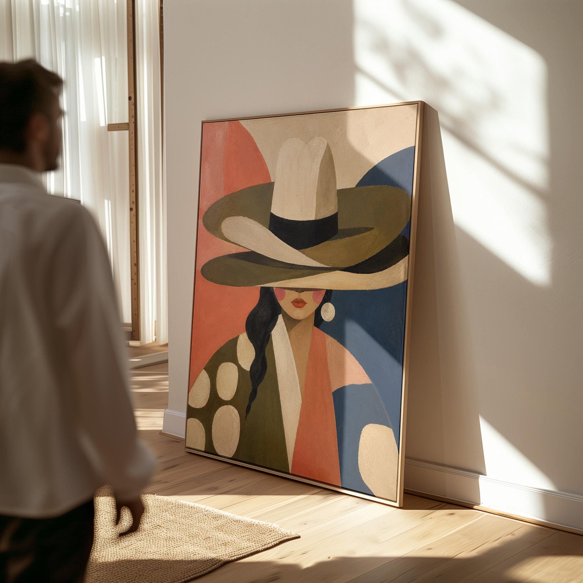 Cowgirl in a tall cream hat and spotted coat on coral and navy, canvas print styled against a soft white wall