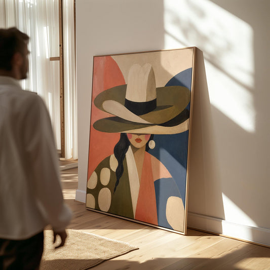 Cowgirl in a tall cream hat and spotted coat on coral and navy, canvas print styled against a soft white wall