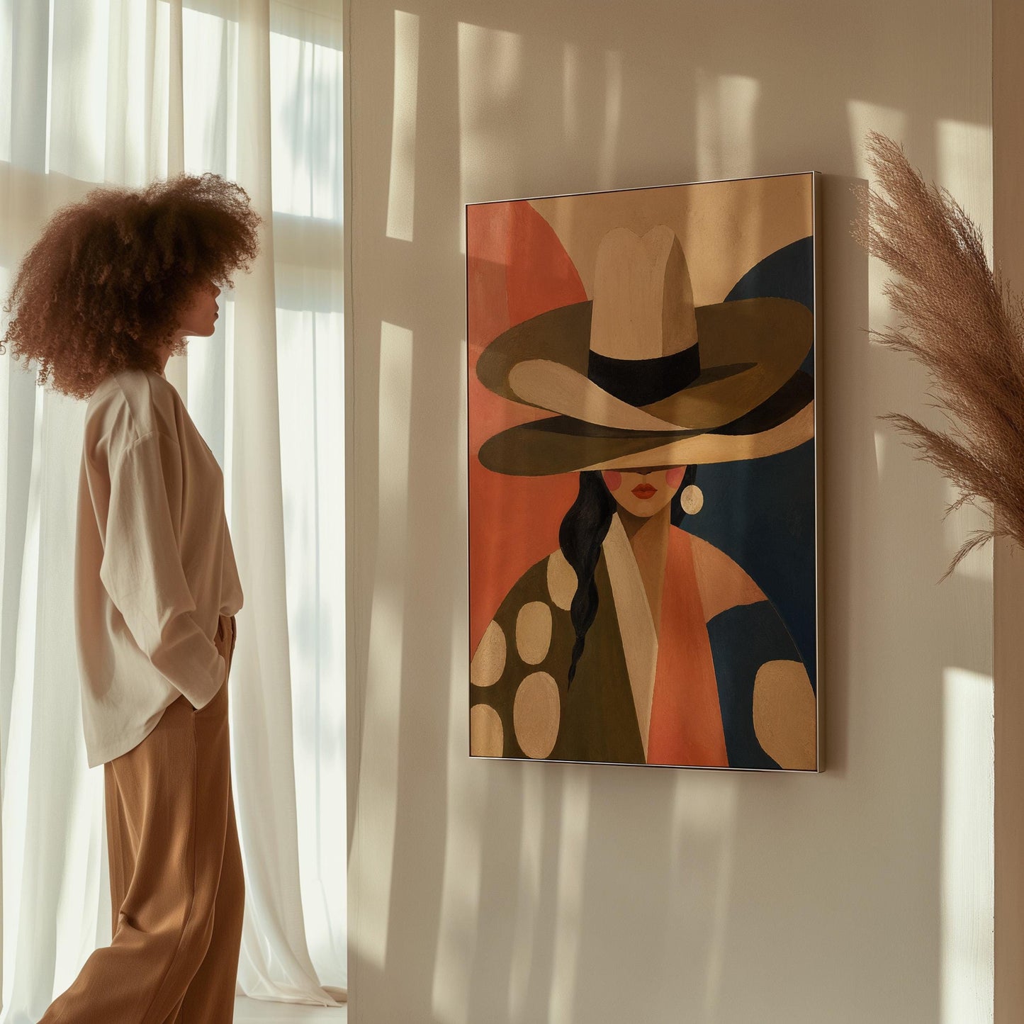 Cowgirl in a tall cream hat and spotted coat on coral and navy, canvas print presented in a light, minimal room