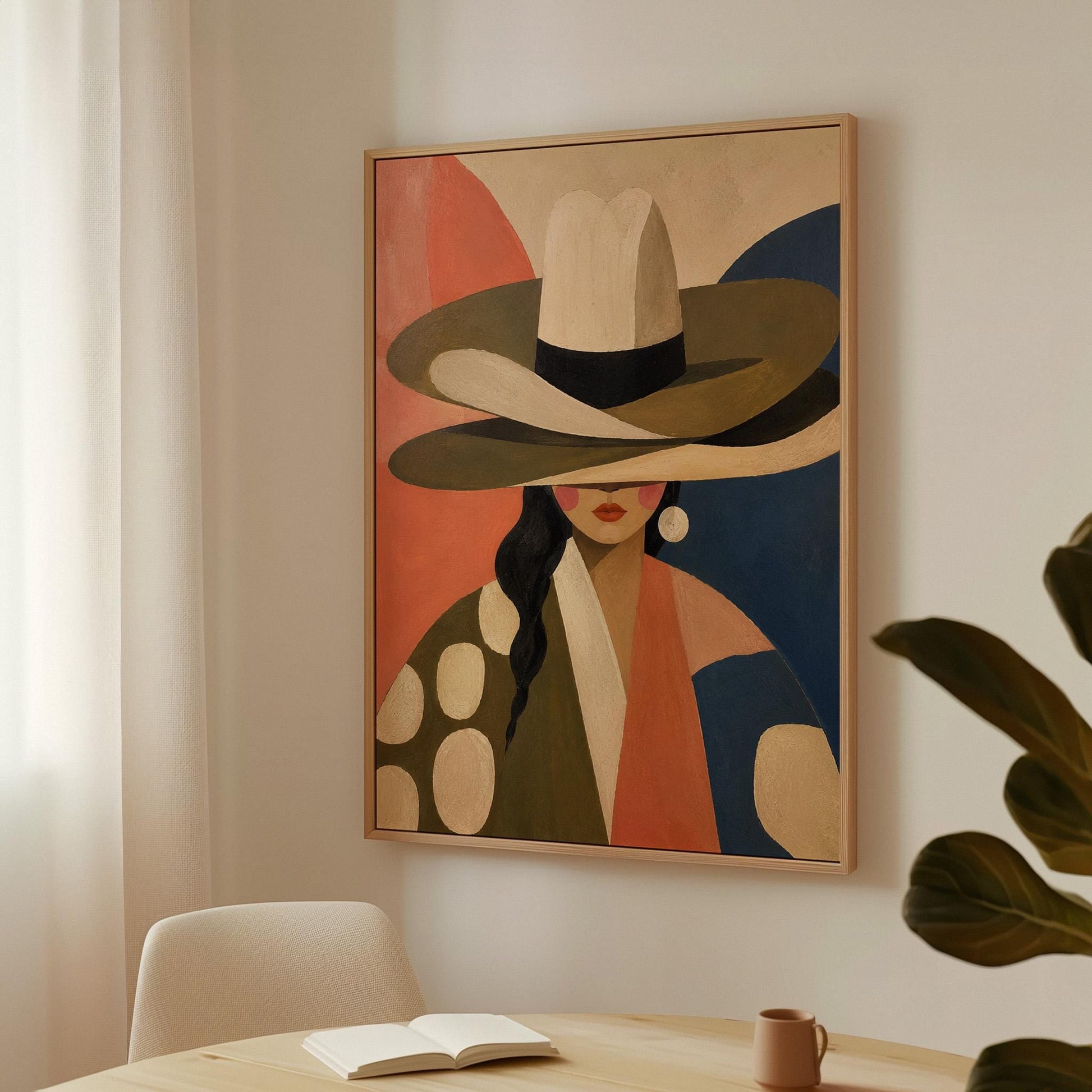 Cowgirl in a tall cream hat and spotted coat on coral and navy, canvas print displayed on a neutral wall in a styled interior