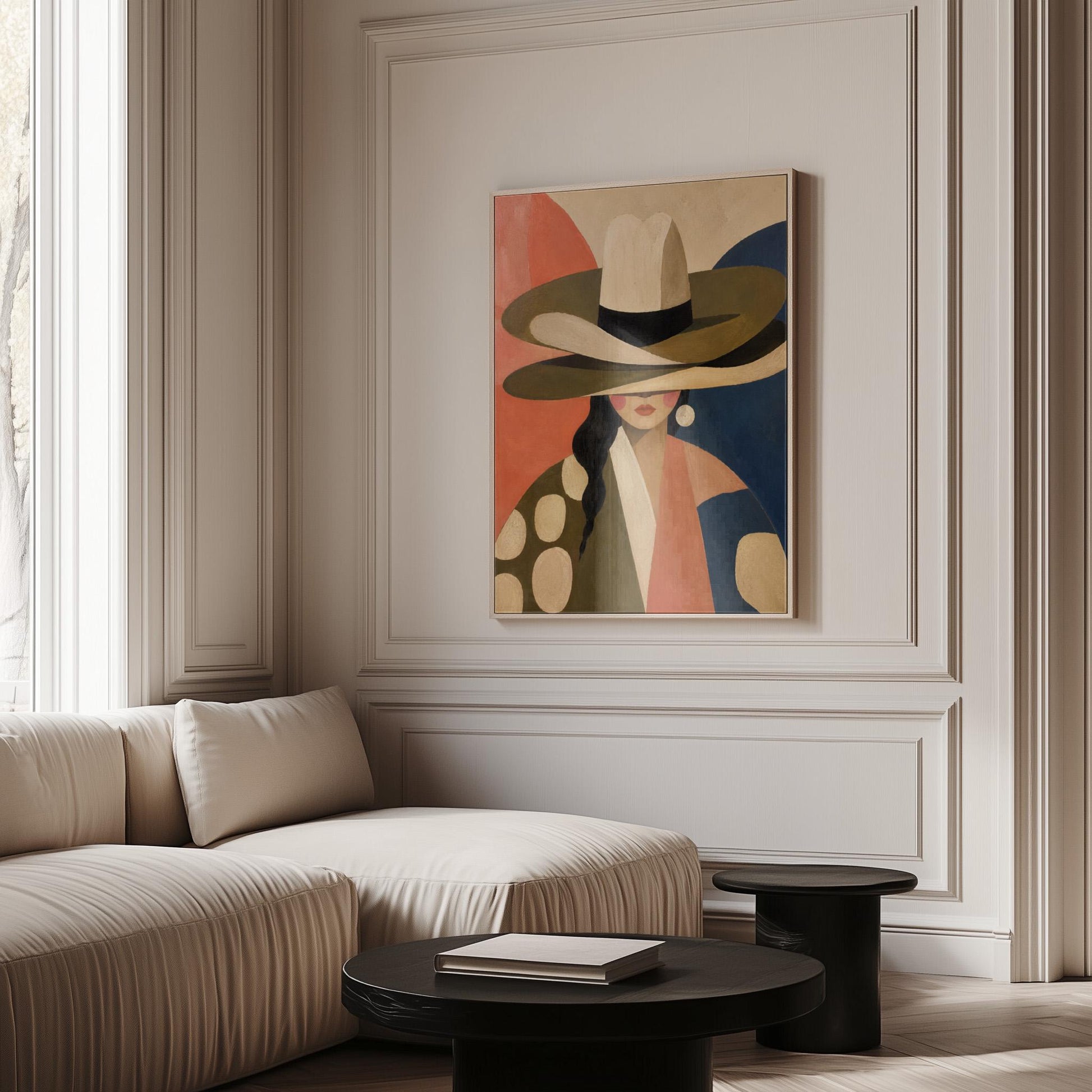 Cowgirl in a tall cream hat and spotted coat on coral and navy, canvas print shown in a sunlit, contemporary room