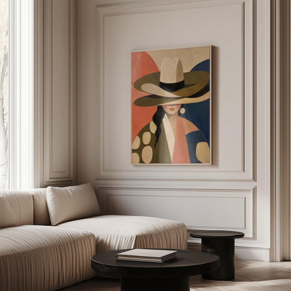 Cowgirl in a tall cream hat and spotted coat on coral and navy, canvas print shown in a sunlit, contemporary room