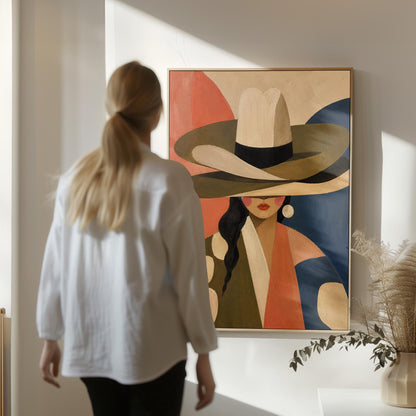 Cowgirl in a tall cream hat and spotted coat on coral and navy, canvas wall art presented in a light, minimal room