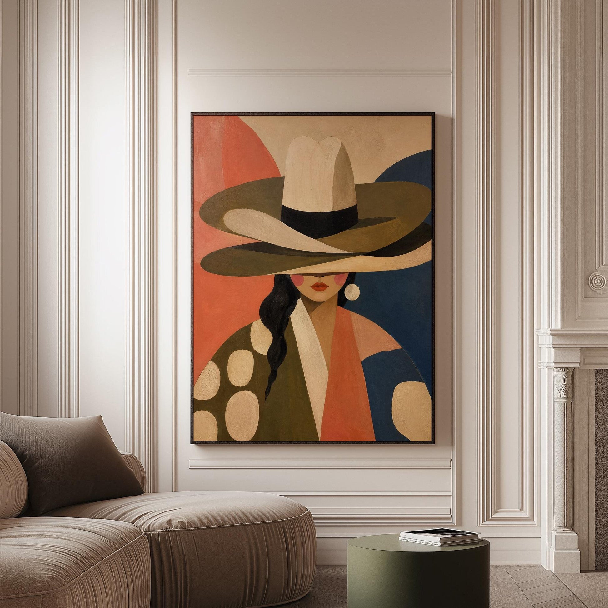 Cowgirl in a tall cream hat and spotted coat on coral and navy, canvas print on a softly lit wall in a calm interior