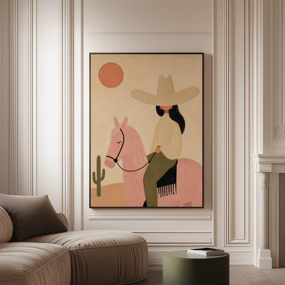 Cowgirl in a pale hat riding a soft pink horse past a desert cactus, canvas print on a softly lit wall in a calm interior