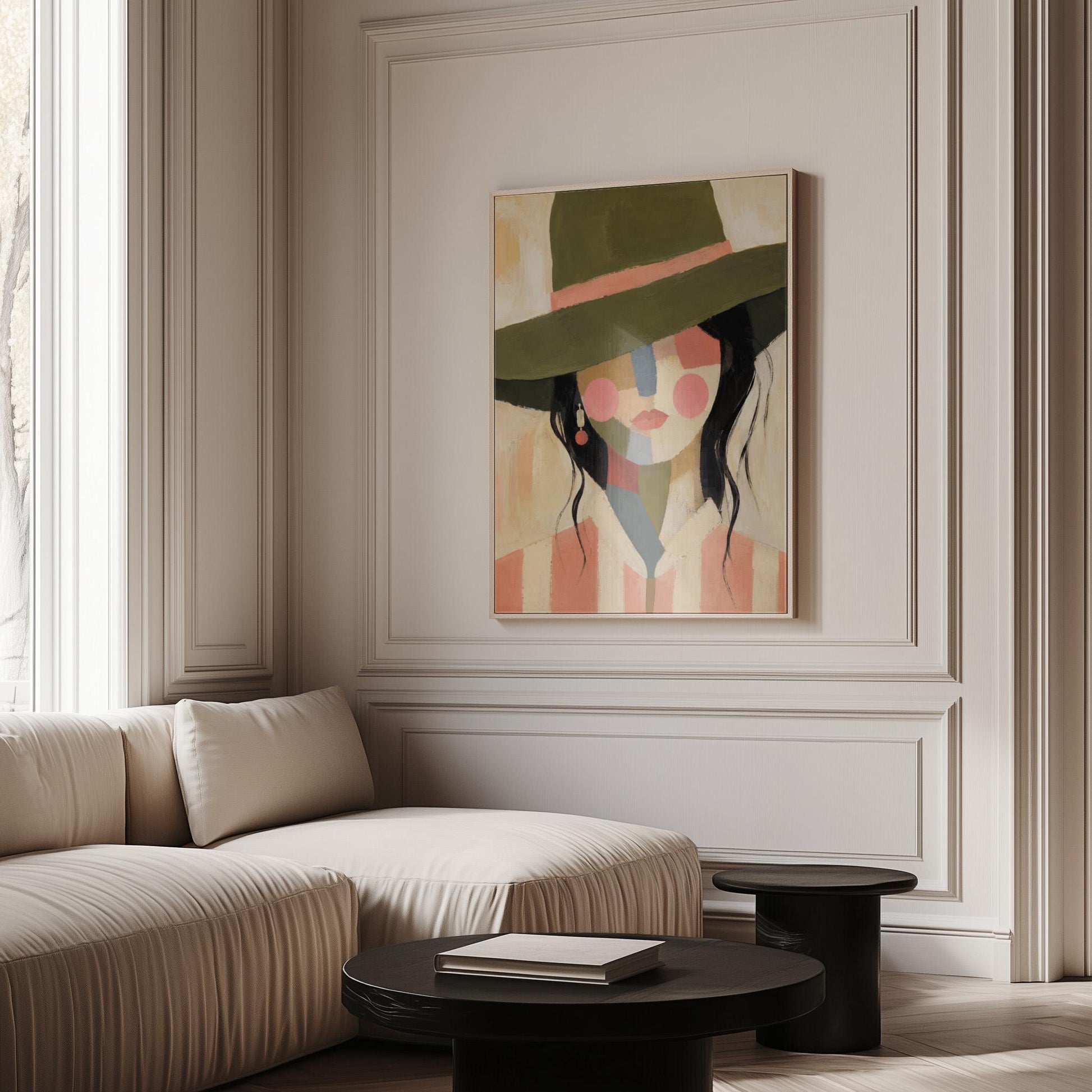 Cowgirl in olive hat with a patchwork face of soft color blocks, canvas print hanging in a calm, modern living space