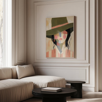 Cowgirl in olive hat with a patchwork face of soft color blocks, canvas print hanging in a calm, modern living space