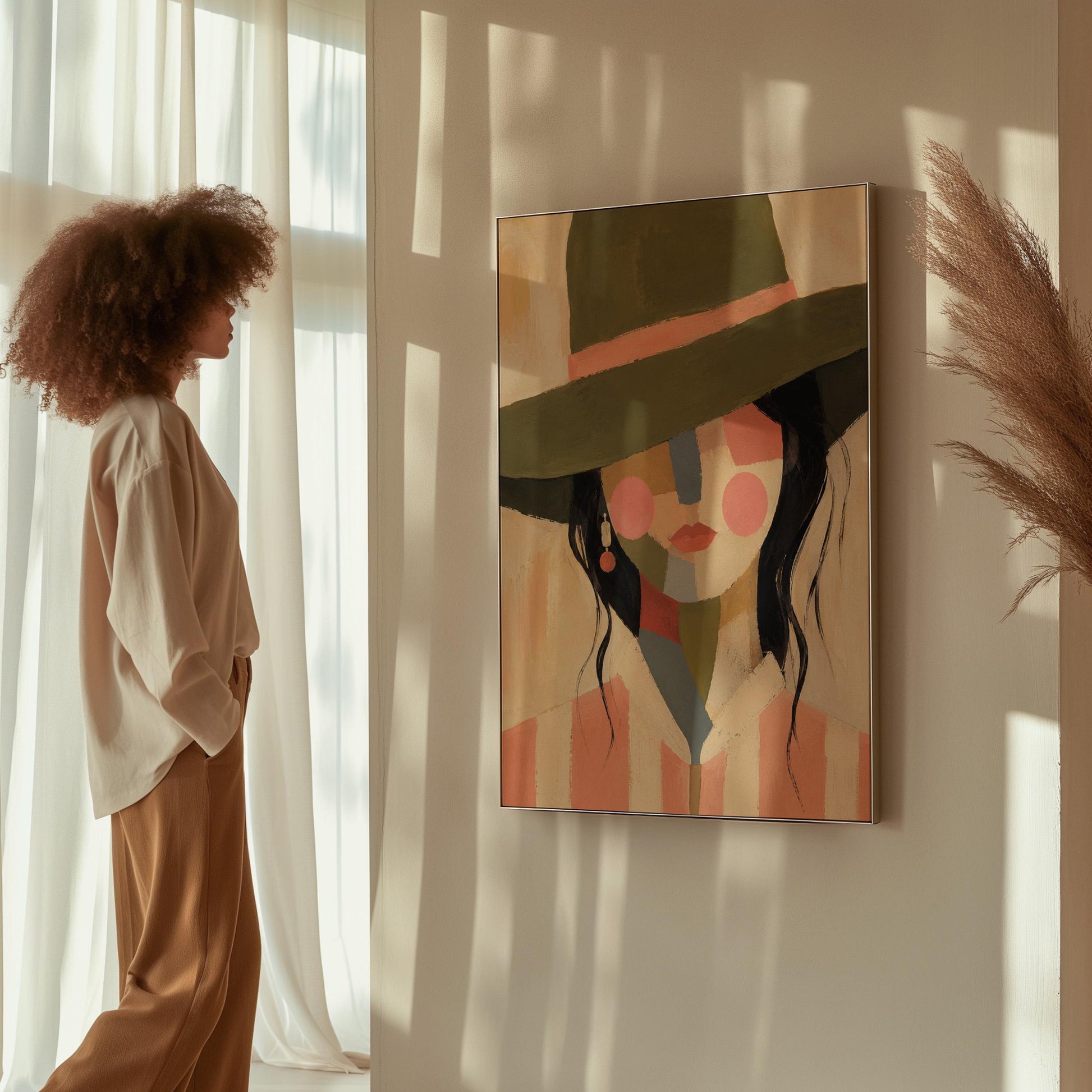 Cowgirl in olive hat with a patchwork face of soft color blocks, canvas print seen in a warm interior with natural light