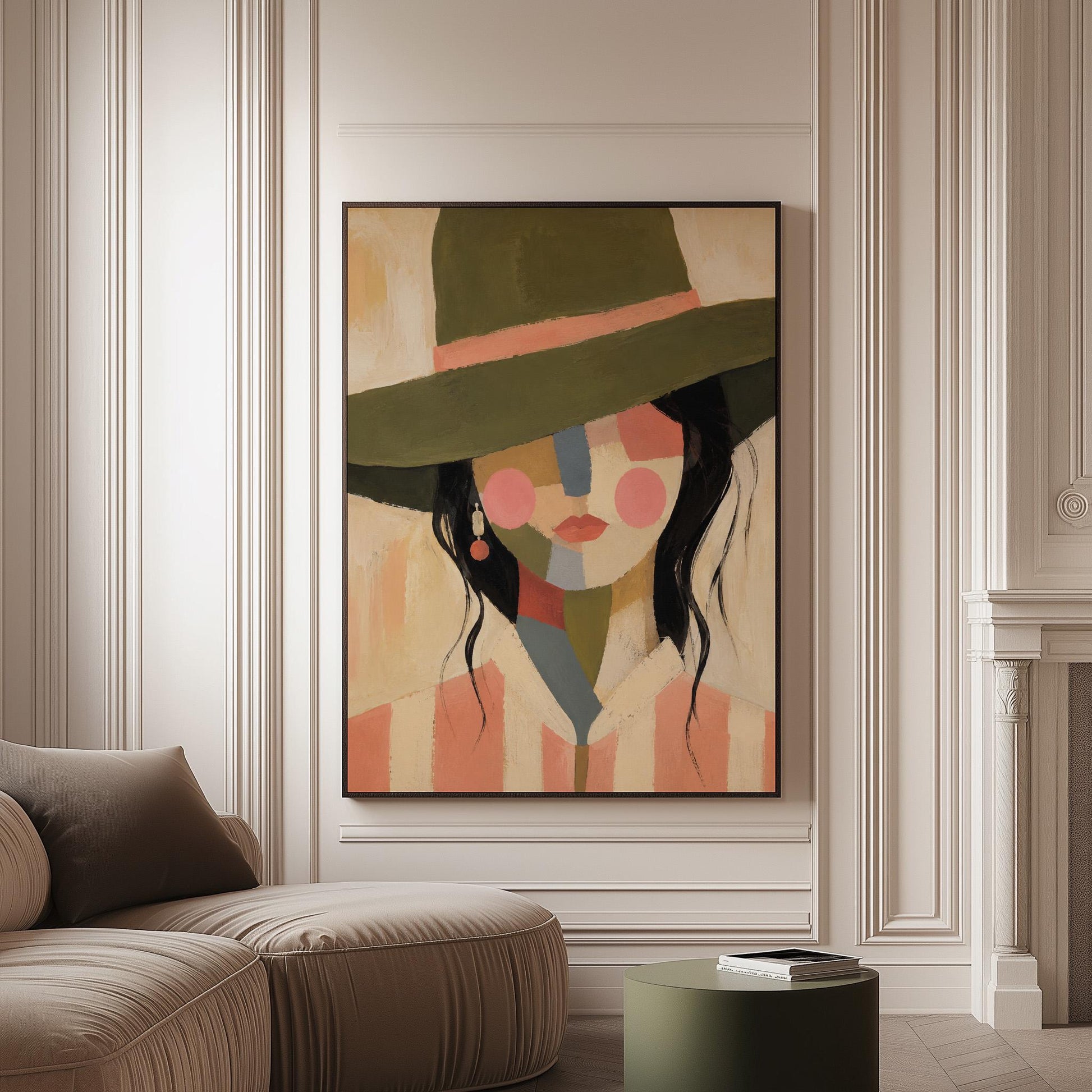 Cowgirl in olive hat with a patchwork face of soft color blocks, canvas print on a softly lit wall in a calm interior