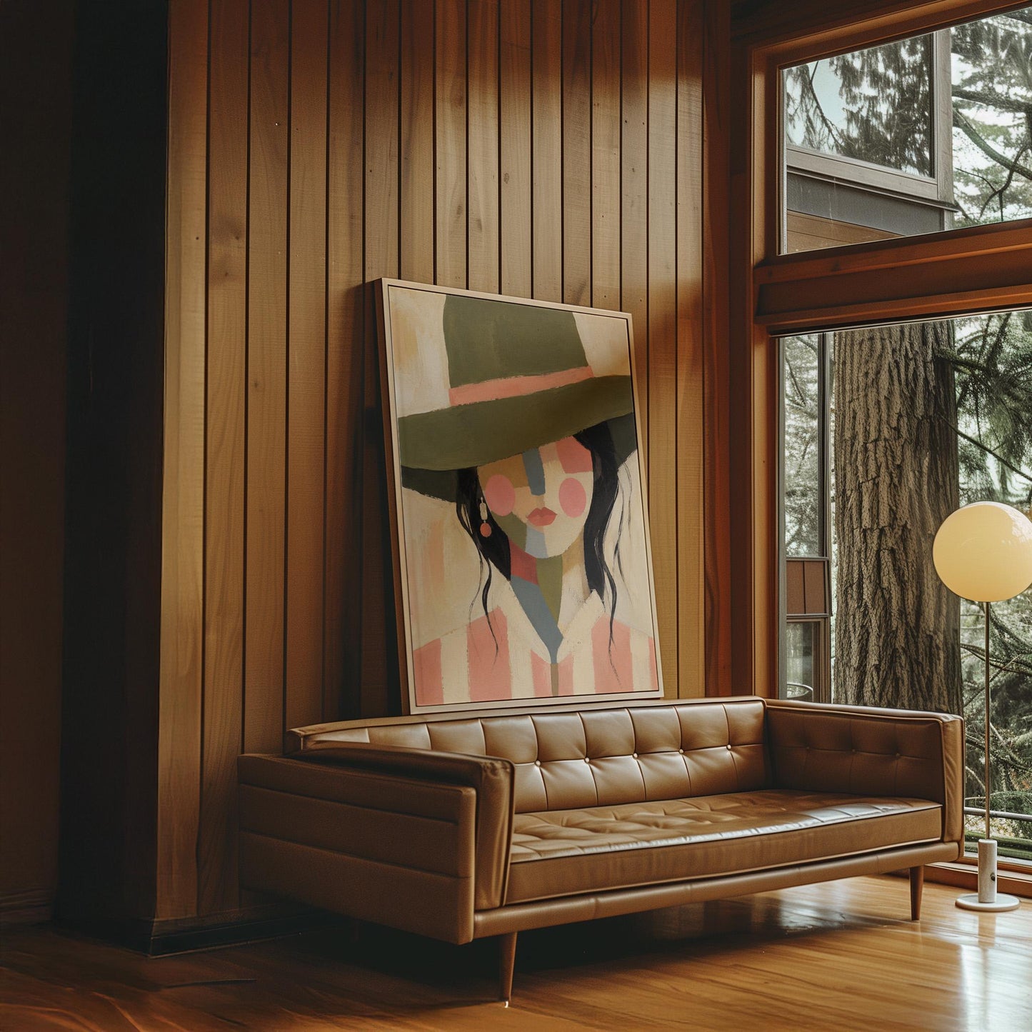 Cowgirl in olive hat with a patchwork face of soft color blocks, canvas print shown in a sunlit, contemporary room