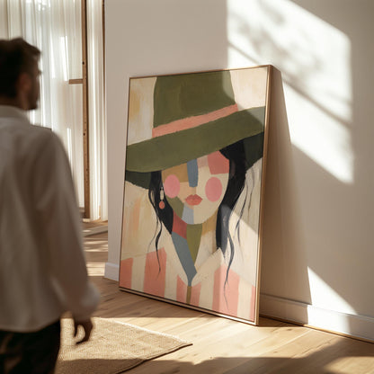 Cowgirl in olive hat with a patchwork face of soft color blocks, canvas wall art hanging in a calm, modern living space