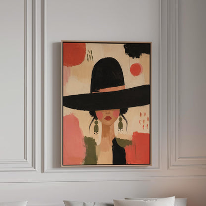 Woman in a wide black hat with olive earrings on red brushwork, canvas print in a bright room with natural daylight