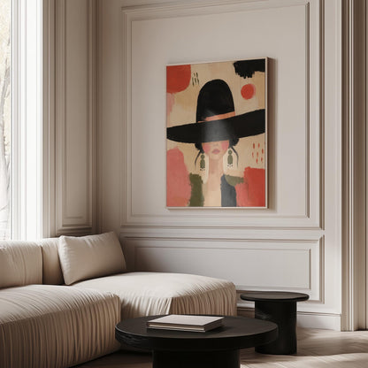 Woman in a wide black hat with olive earrings on red brushwork, canvas print hanging in a calm, modern living space