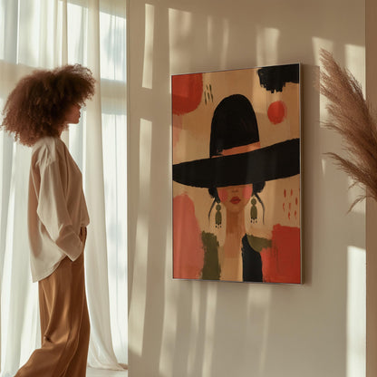 Woman in a wide black hat with olive earrings on red brushwork, canvas print seen in a warm interior with natural light