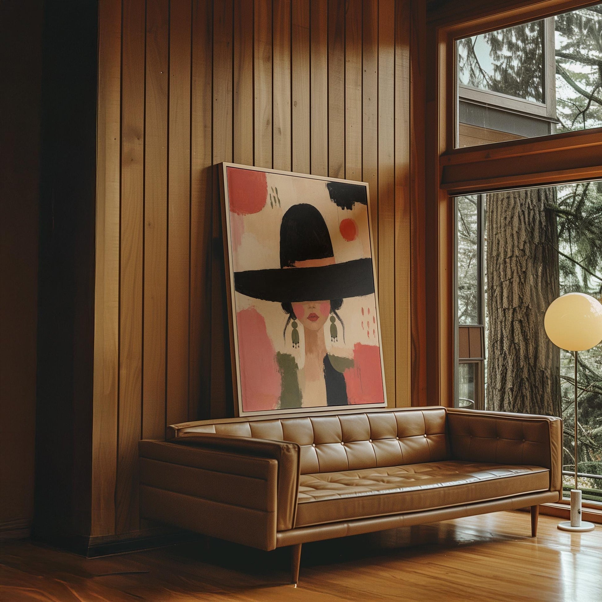 Woman in a wide black hat with olive earrings on red brushwork, canvas print on a quiet wall in a considered interior