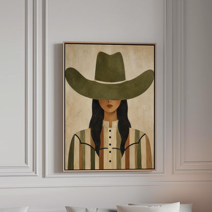 Cowgirl in olive hat and striped western shirt on sandy beige, canvas print in a bright room with natural daylight