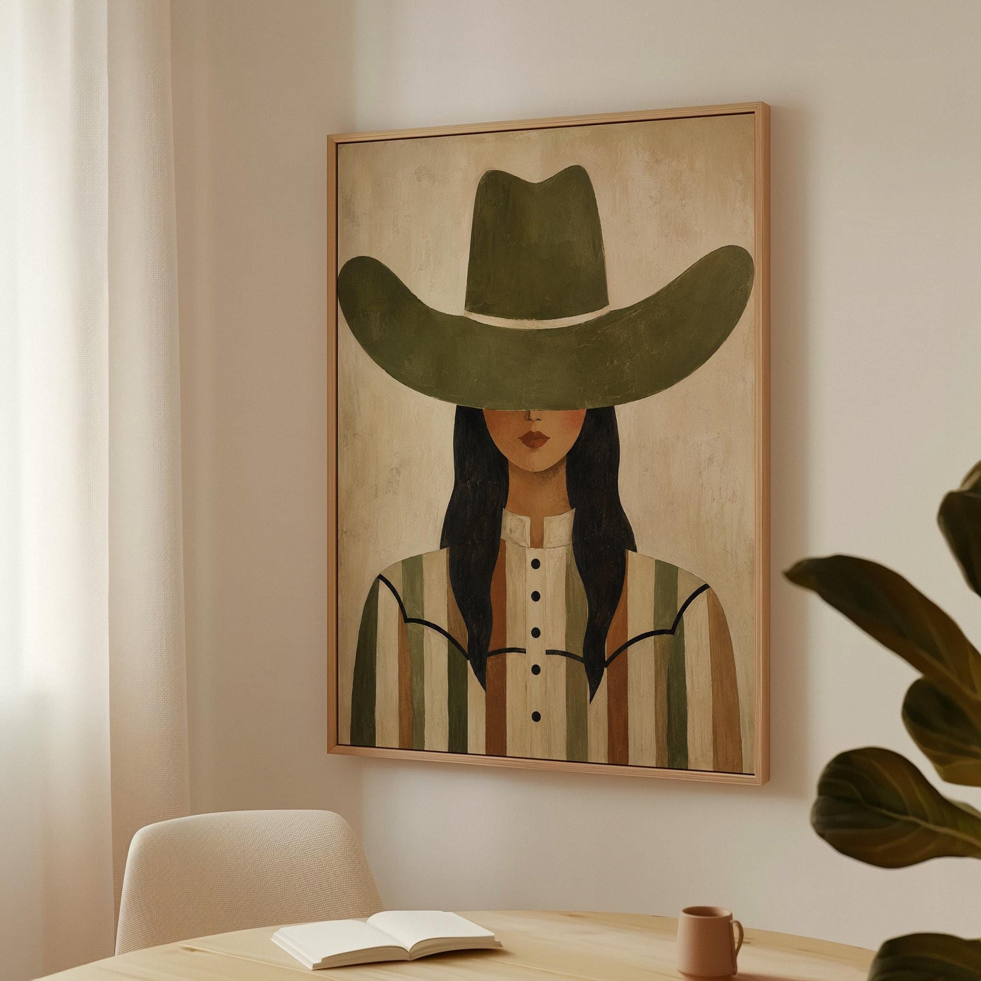 Cowgirl in olive hat and striped western shirt on sandy beige, canvas print seen in a warm interior with natural light