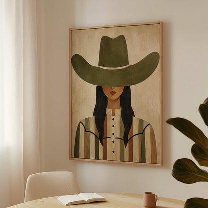 Cowgirl in olive hat and striped western shirt on sandy beige, canvas print seen in a warm interior with natural light