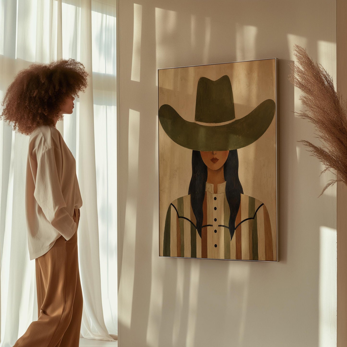 Cowgirl in olive hat and striped western shirt on sandy beige, canvas print shown to scale in a furnished room