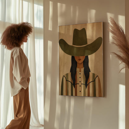 Cowgirl in olive hat and striped western shirt on sandy beige, canvas print shown to scale in a furnished room