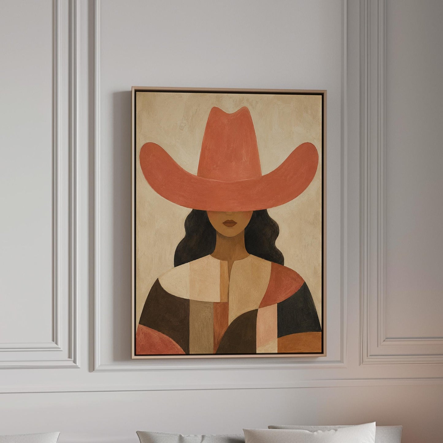 Cowgirl in a broad terracotta hat and patchwork western shirt, canvas print in a bright room with natural daylight