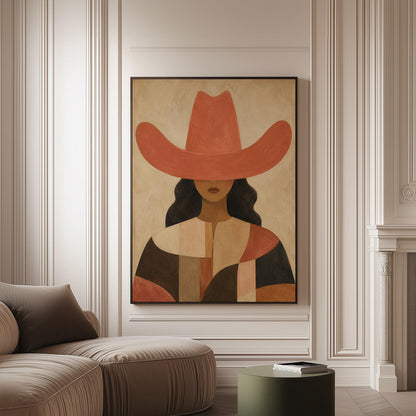 Cowgirl in a broad terracotta hat and patchwork western shirt, canvas print on a softly lit wall in a calm interior