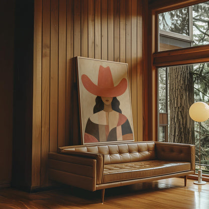 Cowgirl in a broad terracotta hat and patchwork western shirt, canvas wall art presented in a light, minimal room