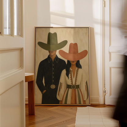 Cowboy and cowgirl standing side by side with hats tipped low, canvas print hanging in a calm, modern living space