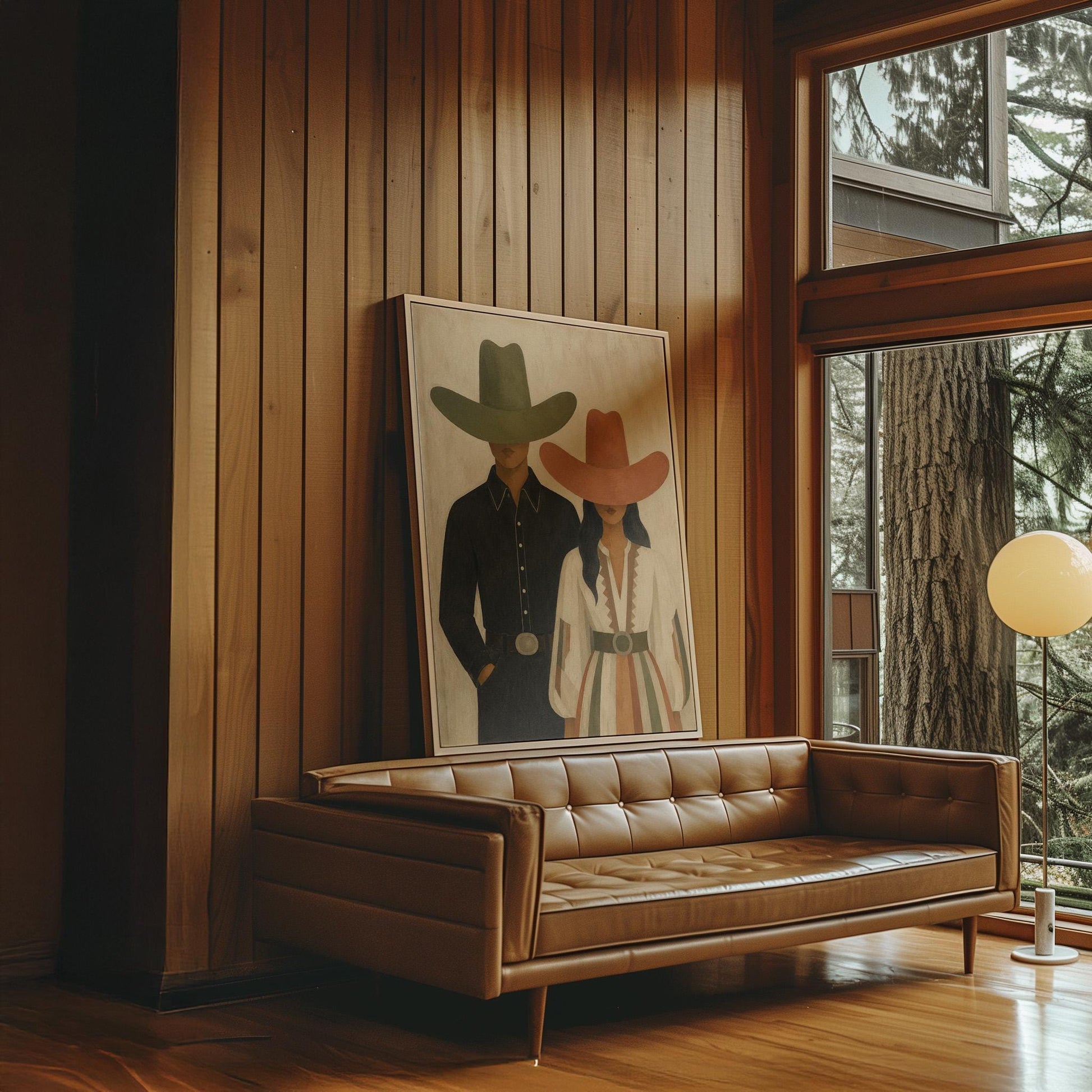 Cowboy and cowgirl standing side by side with hats tipped low, canvas print displayed on a neutral wall in a styled interior