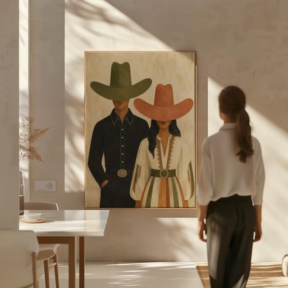 Cowboy and cowgirl standing side by side with hats tipped low, canvas wall art hanging in a calm, modern living space