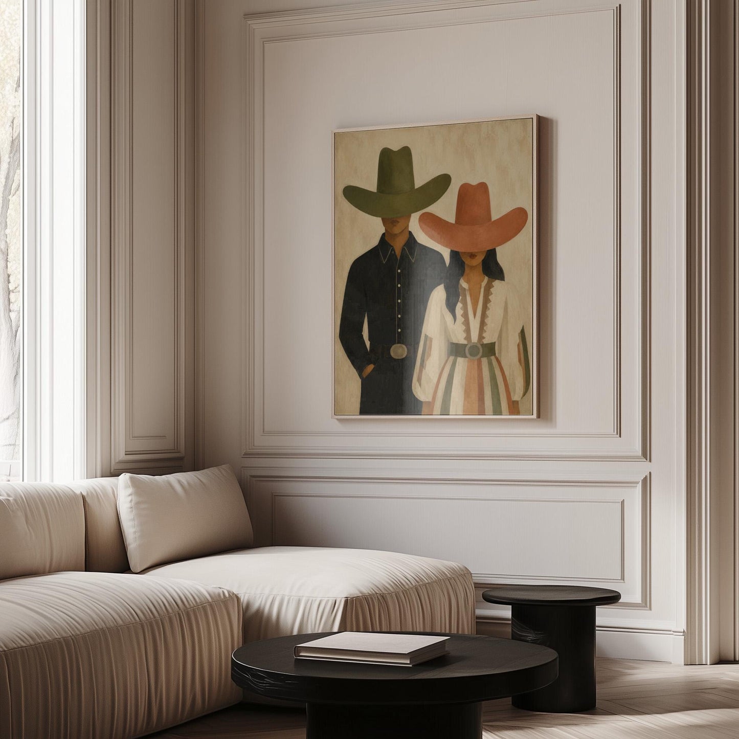 Cowboy and cowgirl standing side by side with hats tipped low, canvas wall art on a quiet wall in a considered interior