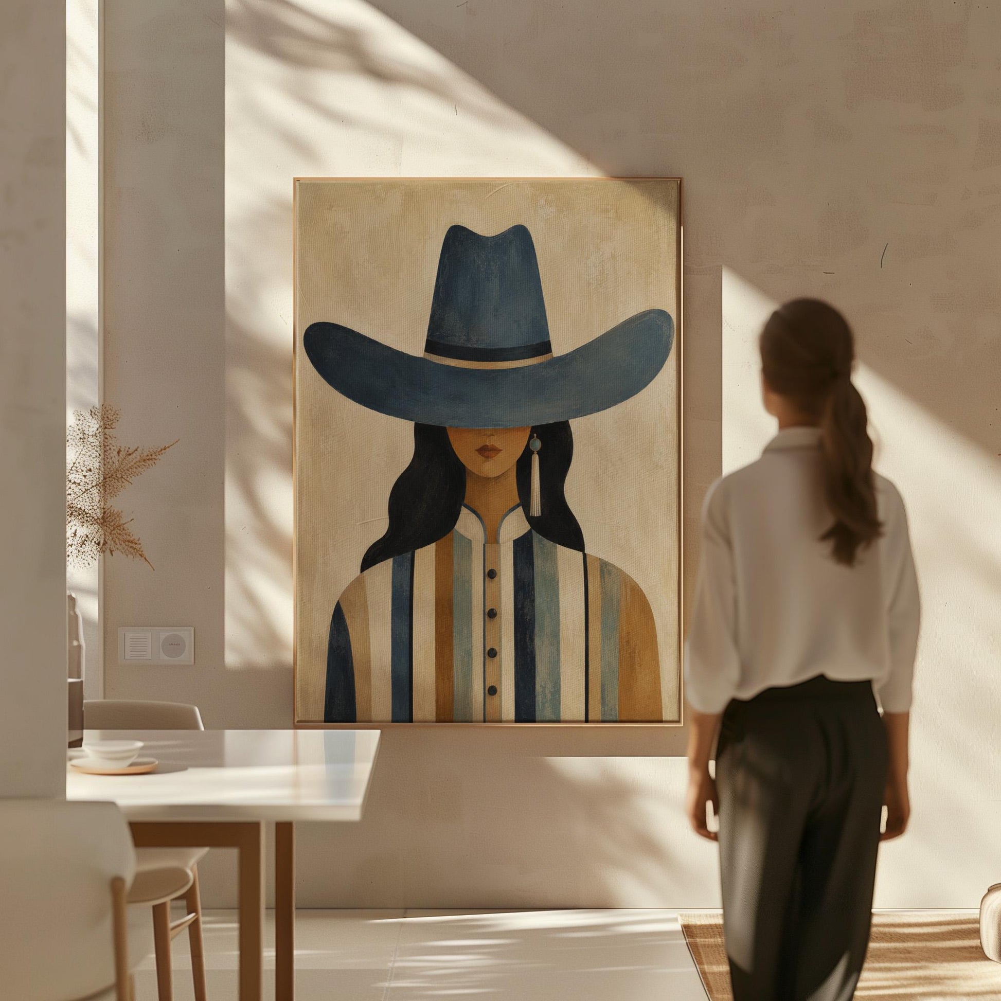 Cowgirl in a slate blue hat and striped shirt on warm sand, canvas wall art hanging in a calm, modern living space