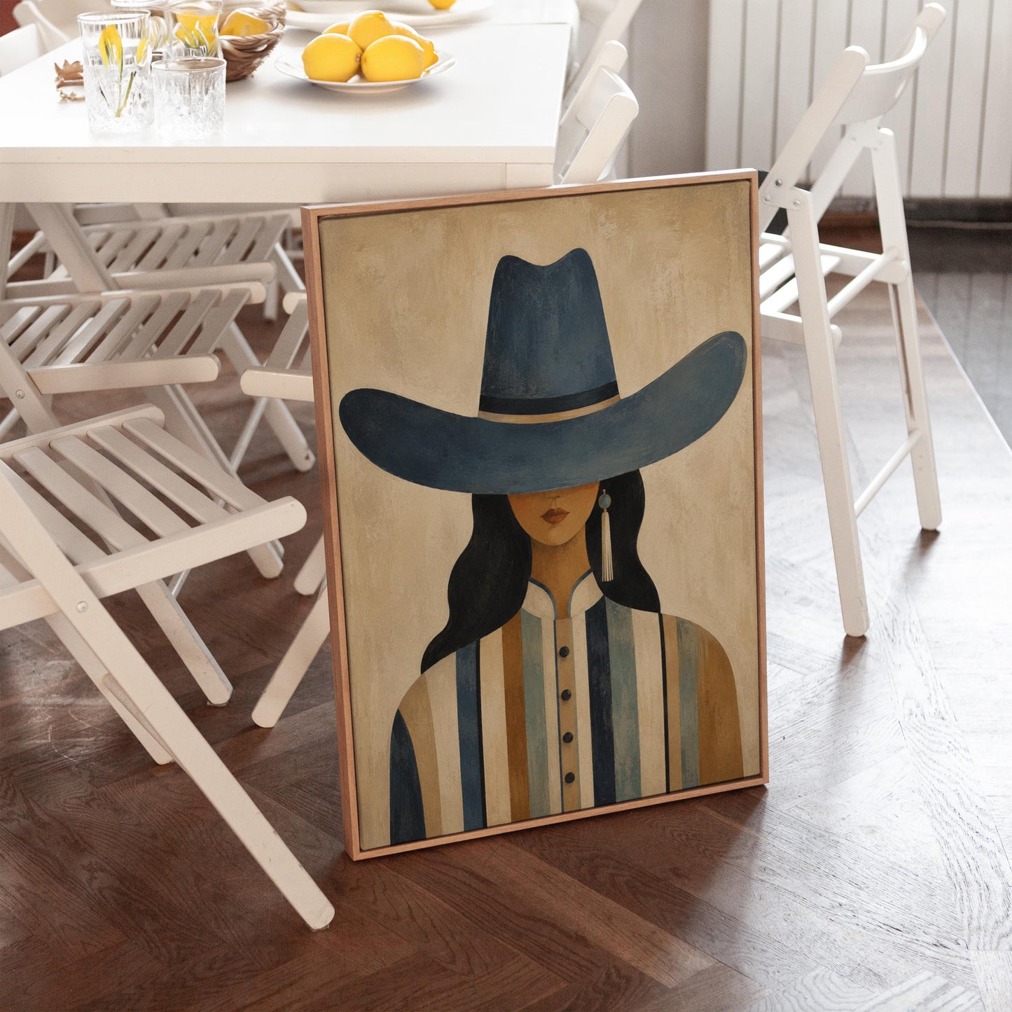 Cowgirl in a slate blue hat and striped shirt on warm sand, canvas wall art seen in a warm interior with natural light