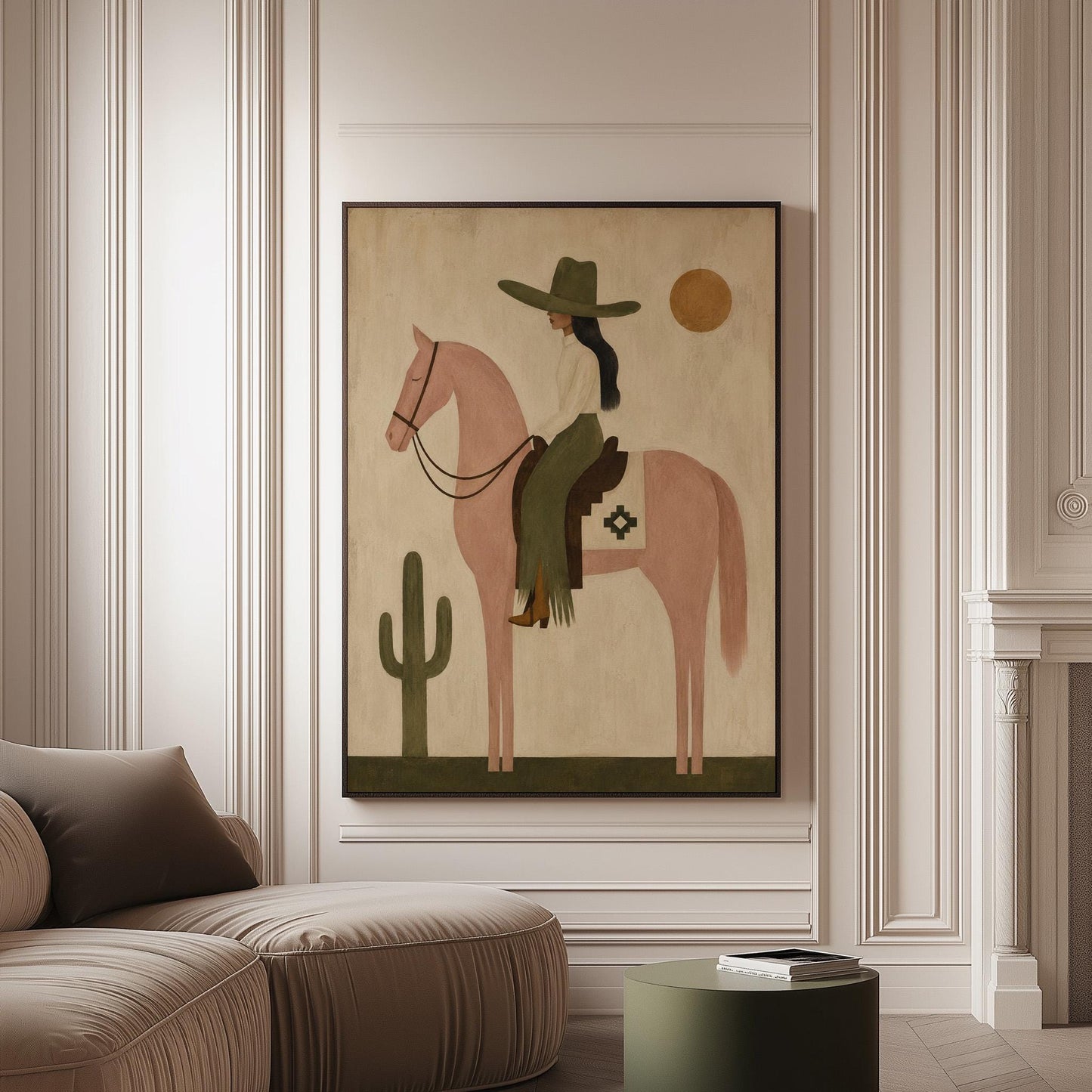 Cowgirl on a dusty pink horse beside a tall saguaro cactus, canvas print on a softly lit wall in a calm interior