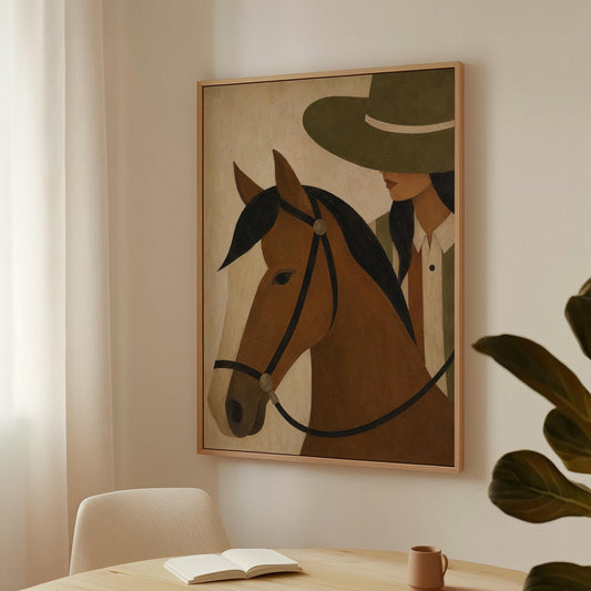 Bay horse in a bridle with a cowgirl in an olive hat behind, canvas print hanging in a calm, modern living space