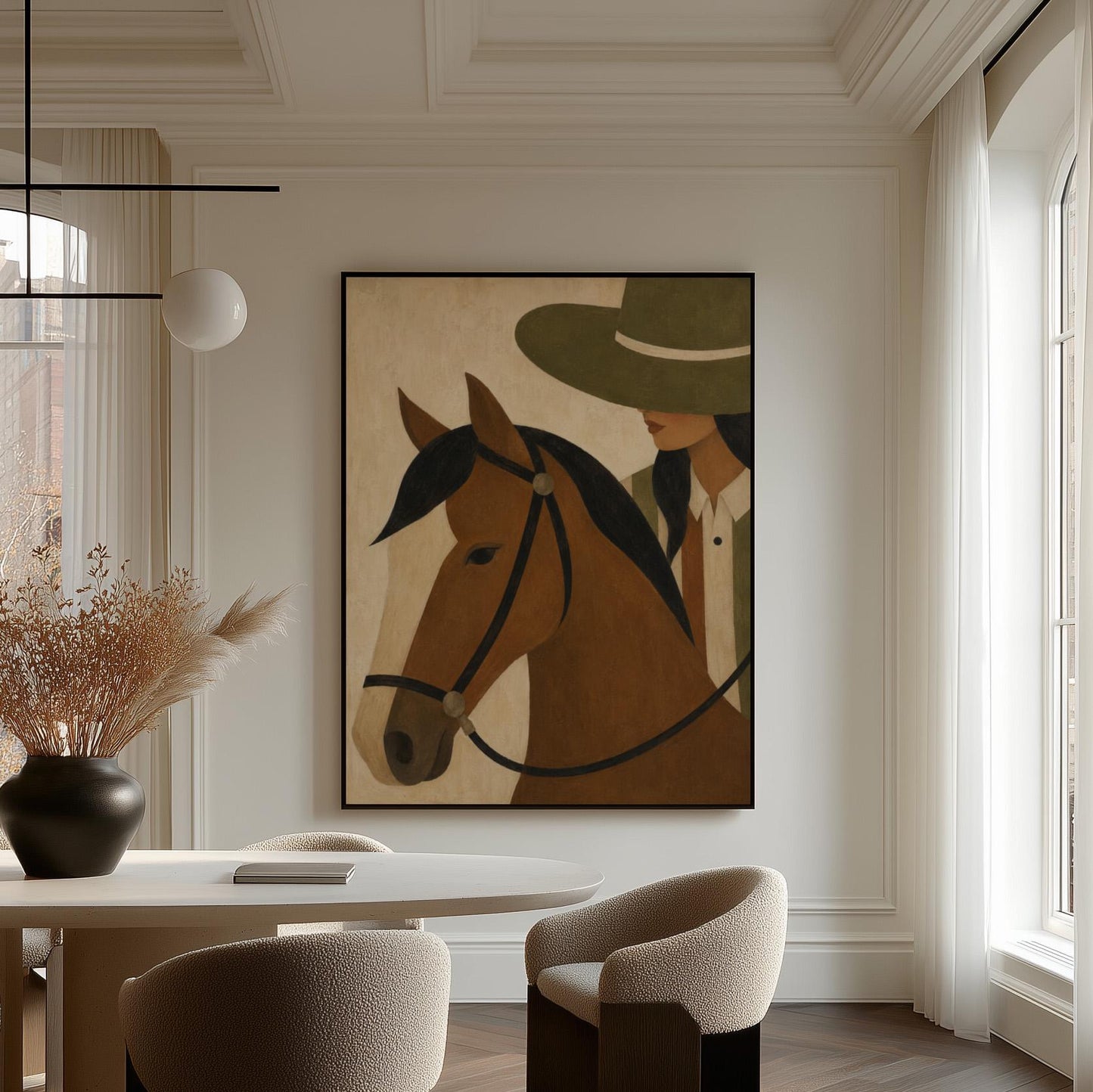 Bay horse in a bridle with a cowgirl in an olive hat behind, canvas print seen in a warm interior with natural light