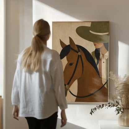Bay horse in a bridle with a cowgirl in an olive hat behind, canvas print presented in a light, minimal room