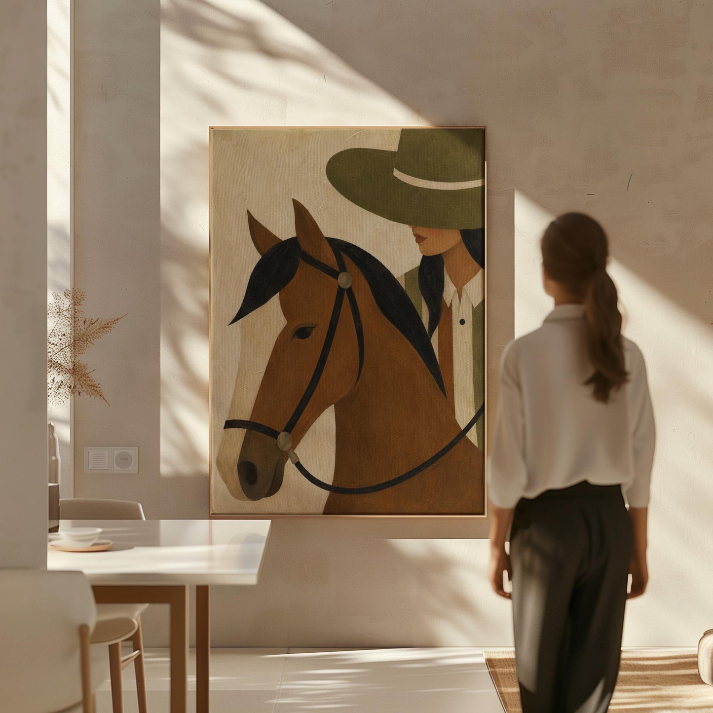 Bay horse in a bridle with a cowgirl in an olive hat behind, canvas print shown to scale in a furnished room