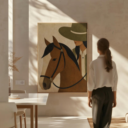 Bay horse in a bridle with a cowgirl in an olive hat behind, canvas print shown to scale in a furnished room