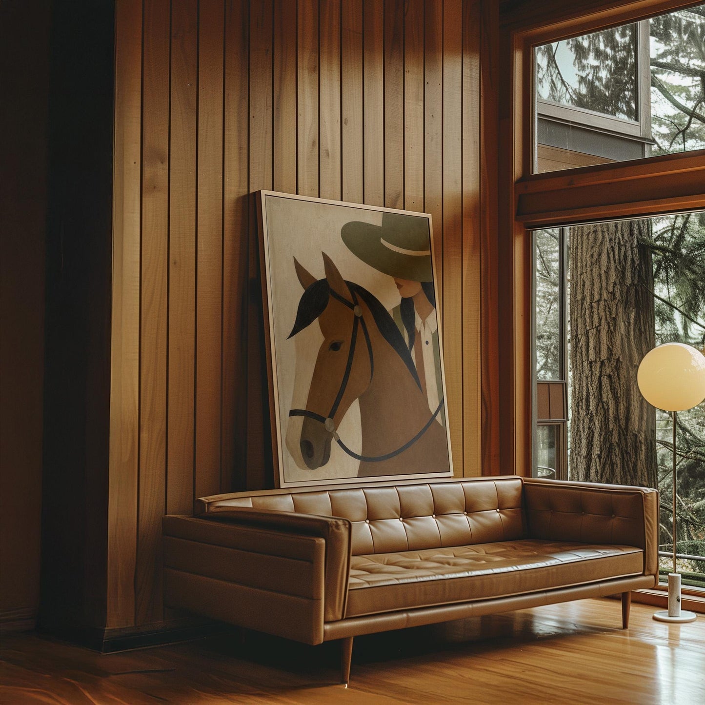Bay horse in a bridle with a cowgirl in an olive hat behind, canvas print shown in a sunlit, contemporary room
