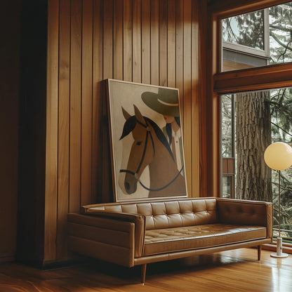 Bay horse in a bridle with a cowgirl in an olive hat behind, canvas print shown in a sunlit, contemporary room