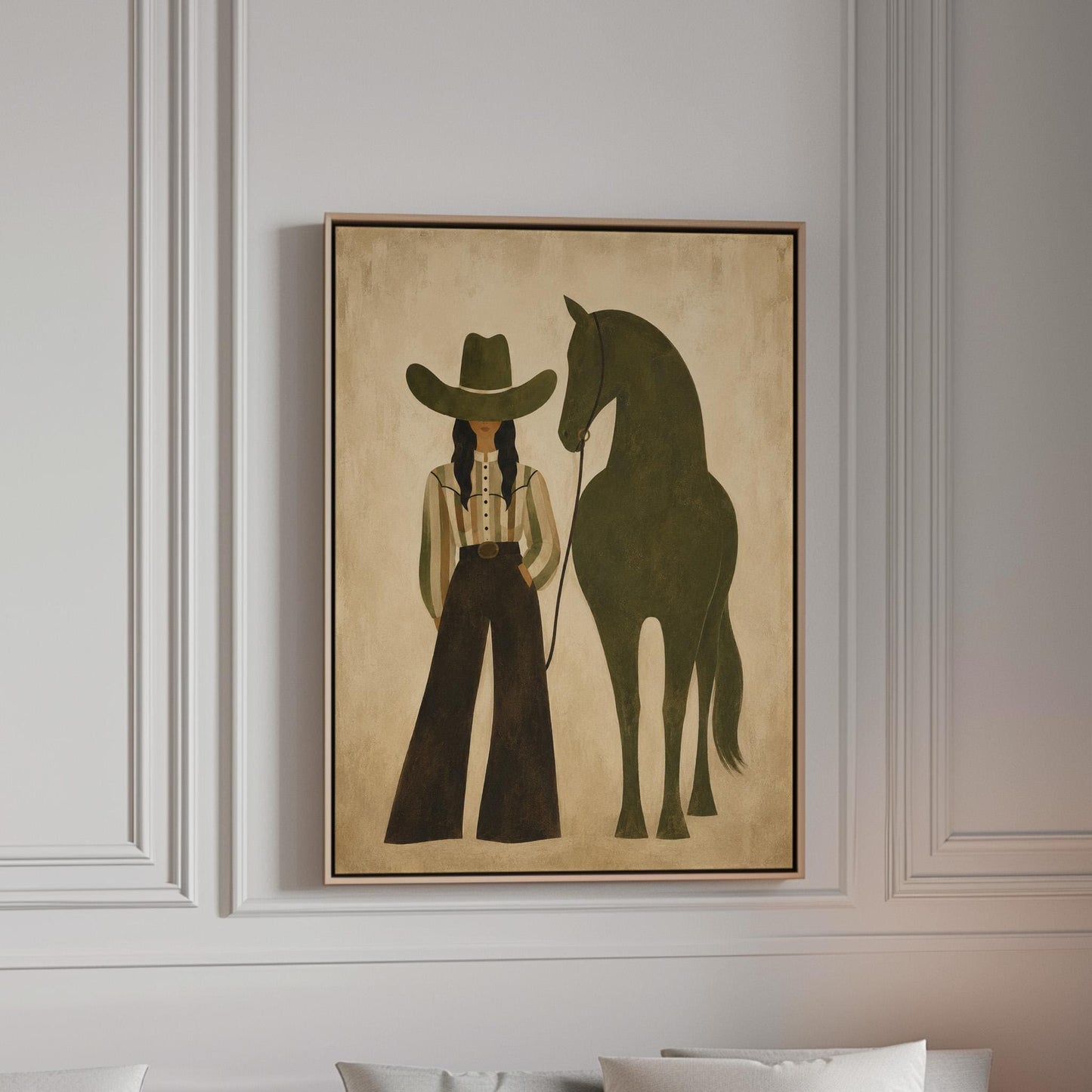 Cowgirl in wide trousers leading a flat olive green horse, canvas print in a bright room with natural daylight