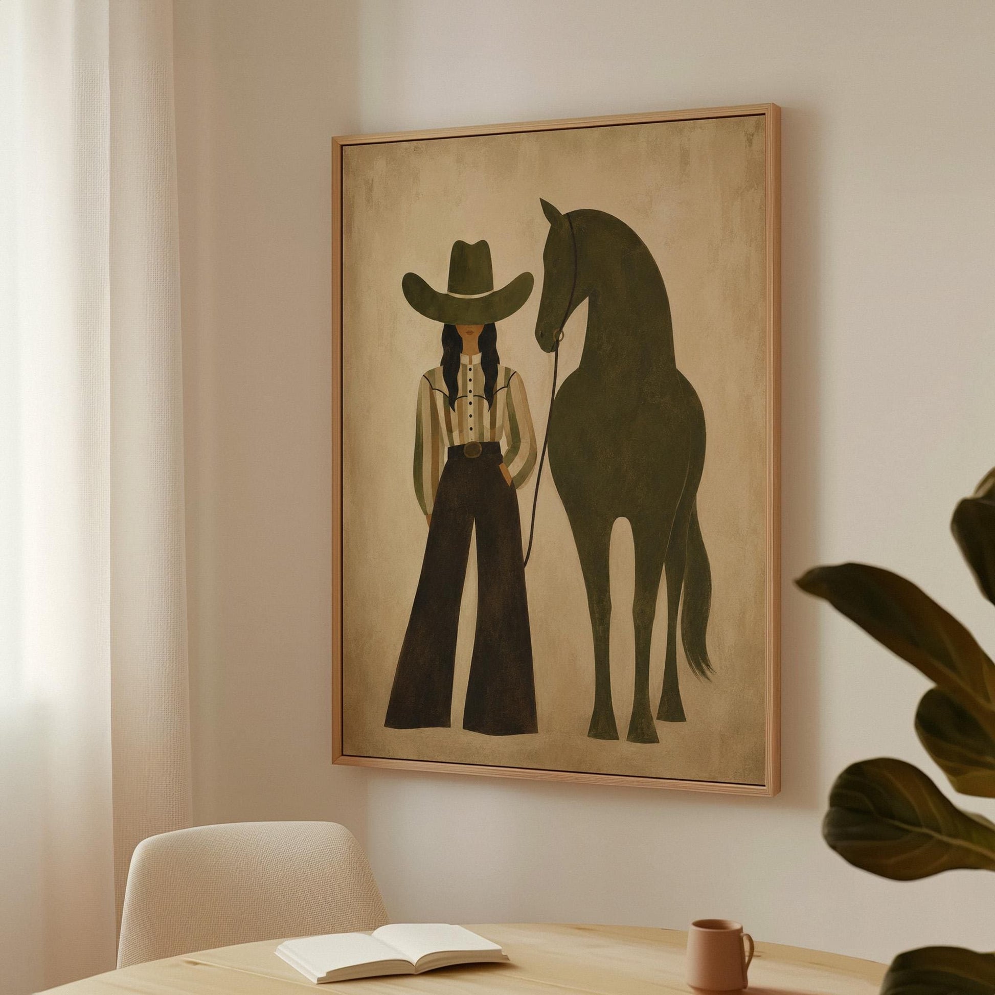 Cowgirl in wide trousers leading a flat olive green horse, canvas print on a quiet wall in a considered interior